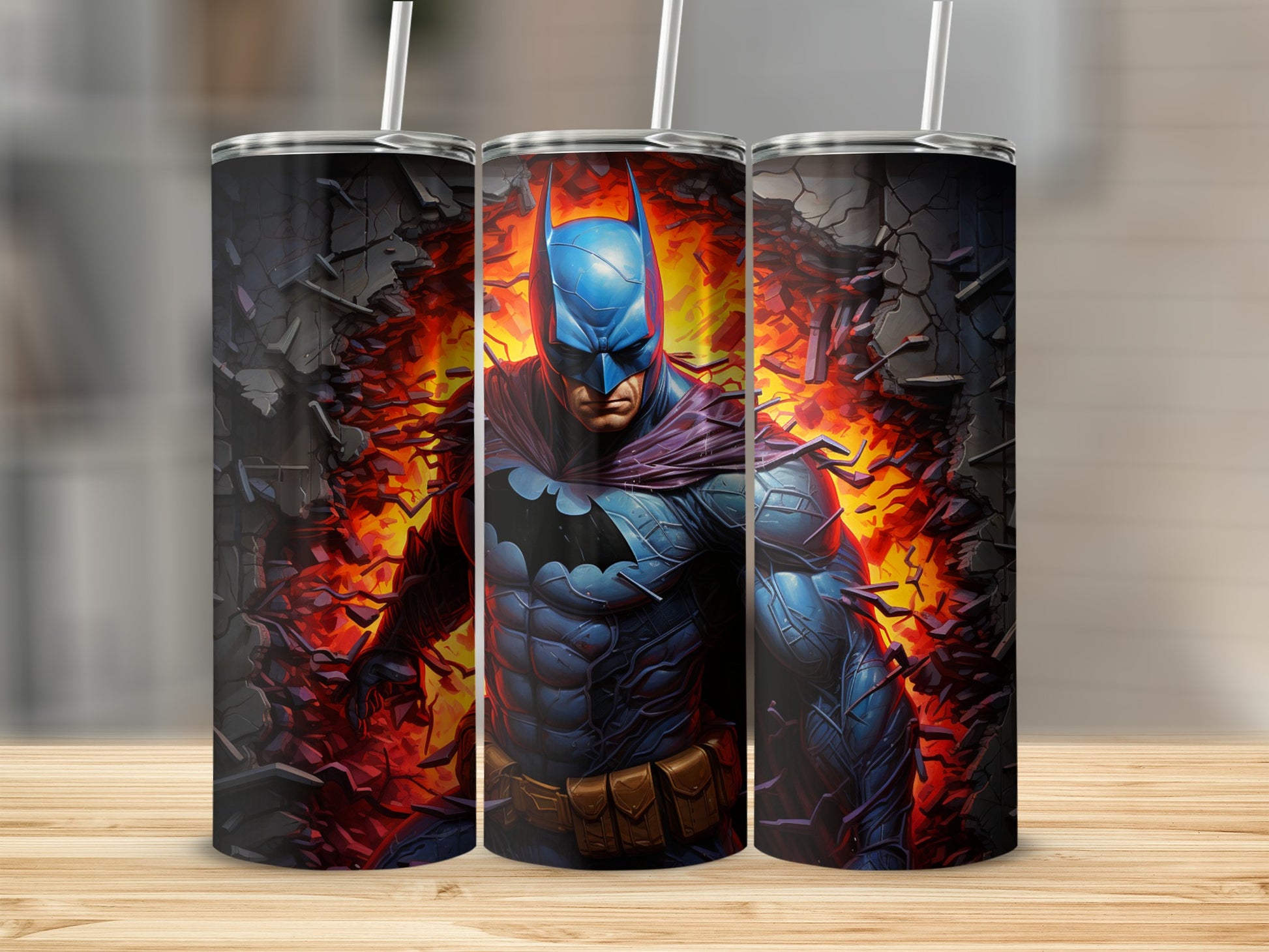 Intense Batman in Fiery Battle Scene Tumbler