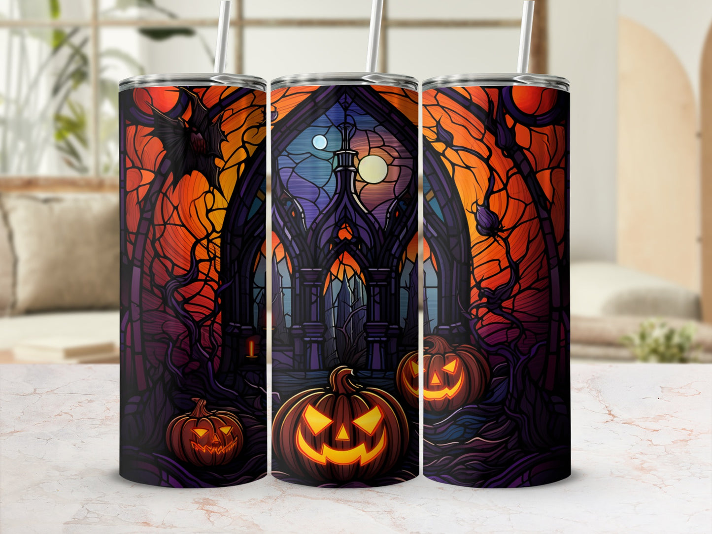 Three Halloween tumblers with glowing pumpkins and spooky stained-glass castle scenes.