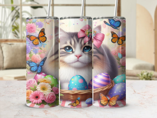 Fluffy cat with butterflies and Easter eggs in a basket.