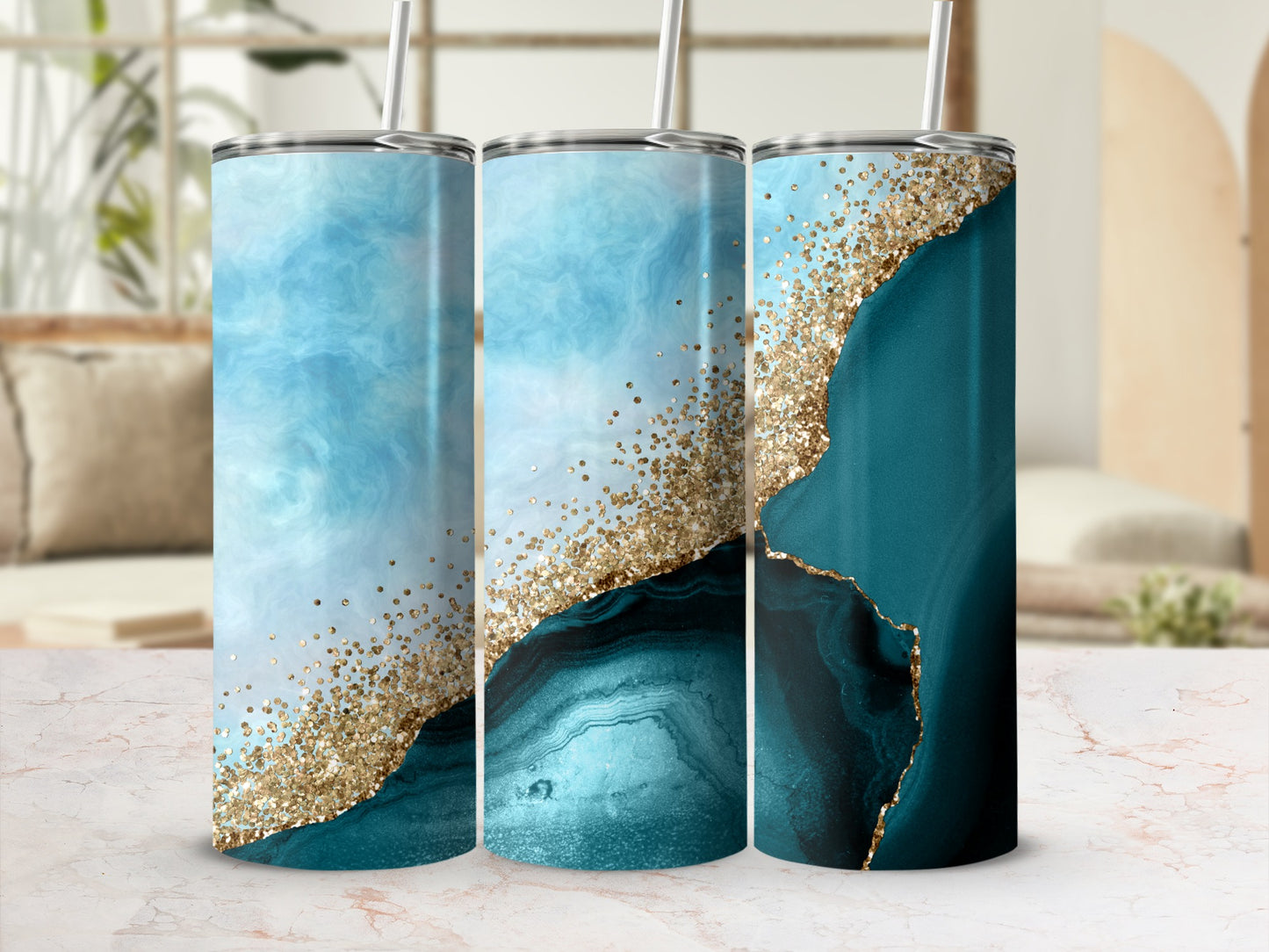 Teal Gold Glitter Agate Marble Tumbler product type