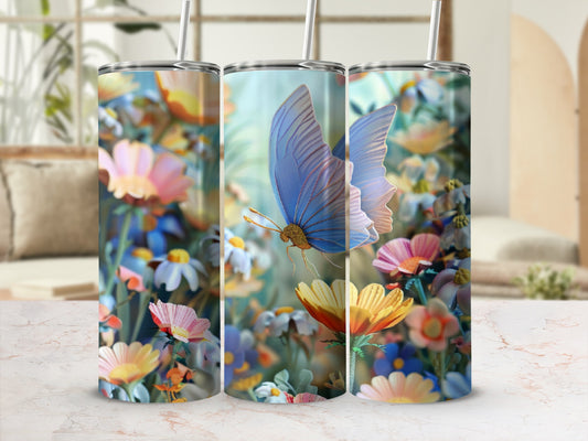 Butterfly on floral pattern tumbler with straw.