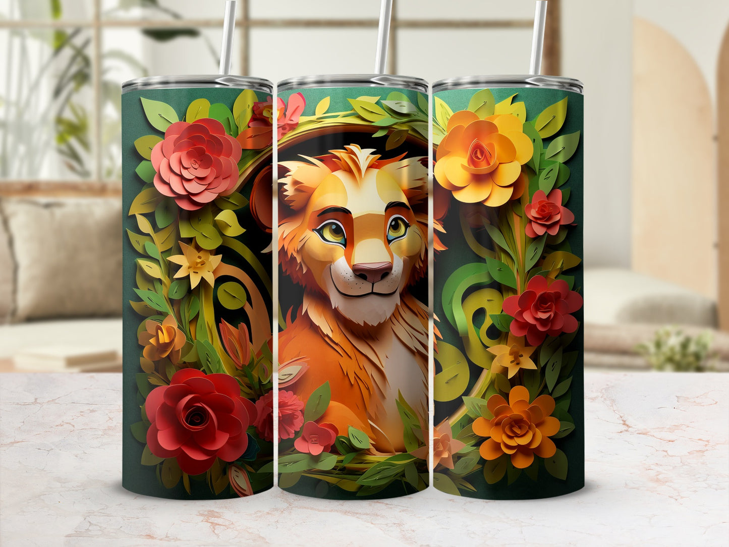 Vibrant Floral Lion Design Insulated Tumbler
