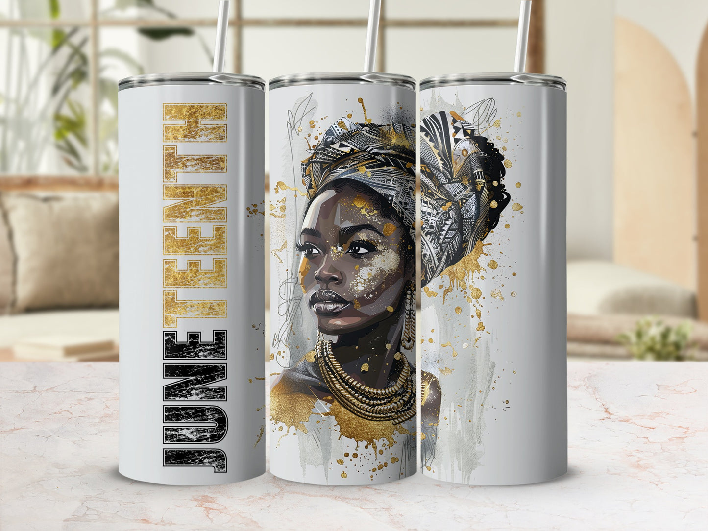 Tumbler with "June" text and a portrait of a woman wearing a headwrap.