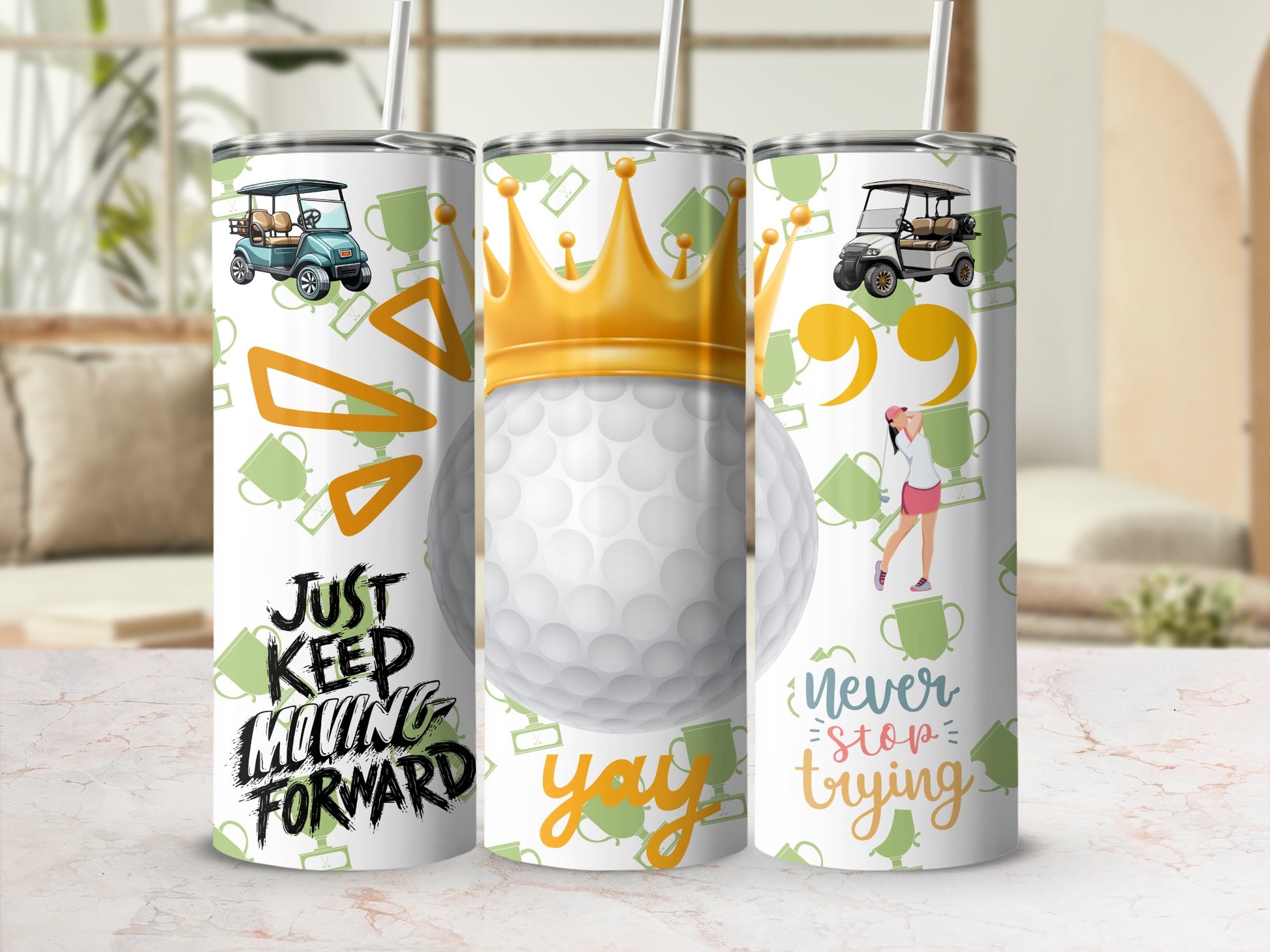 Motivational Golf Themed Tumbler With Crown and Quotes