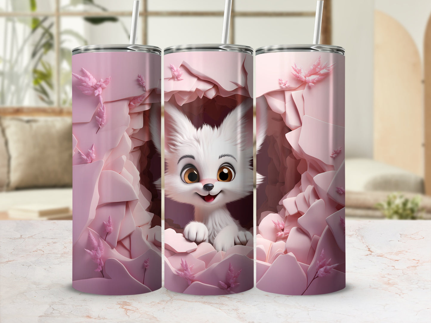 Cute White Fox Peeking Through Pink Cave Tumbler Design