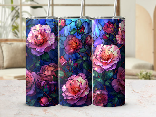 Triptych of tumblers featuring stained-glass style pink and purple roses.