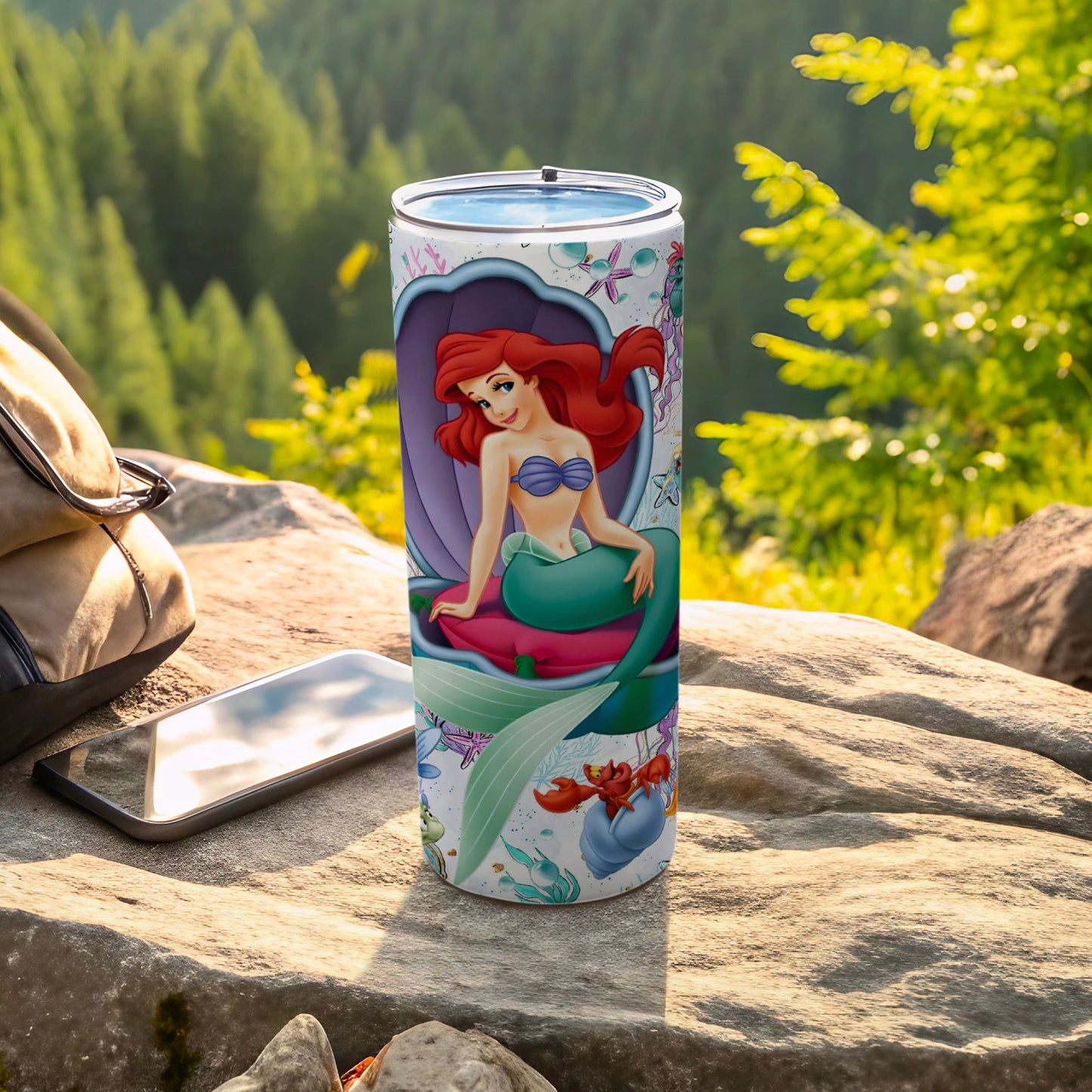 Ariel Mermaid Enchanting Tumbler with Forest Background