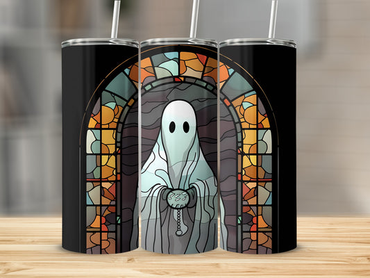 Ghost in stained glass window holding chain, on black tumbler.