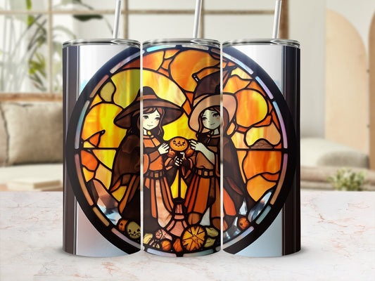 Three tumblers featuring stained glass-style witches with pumpkins.