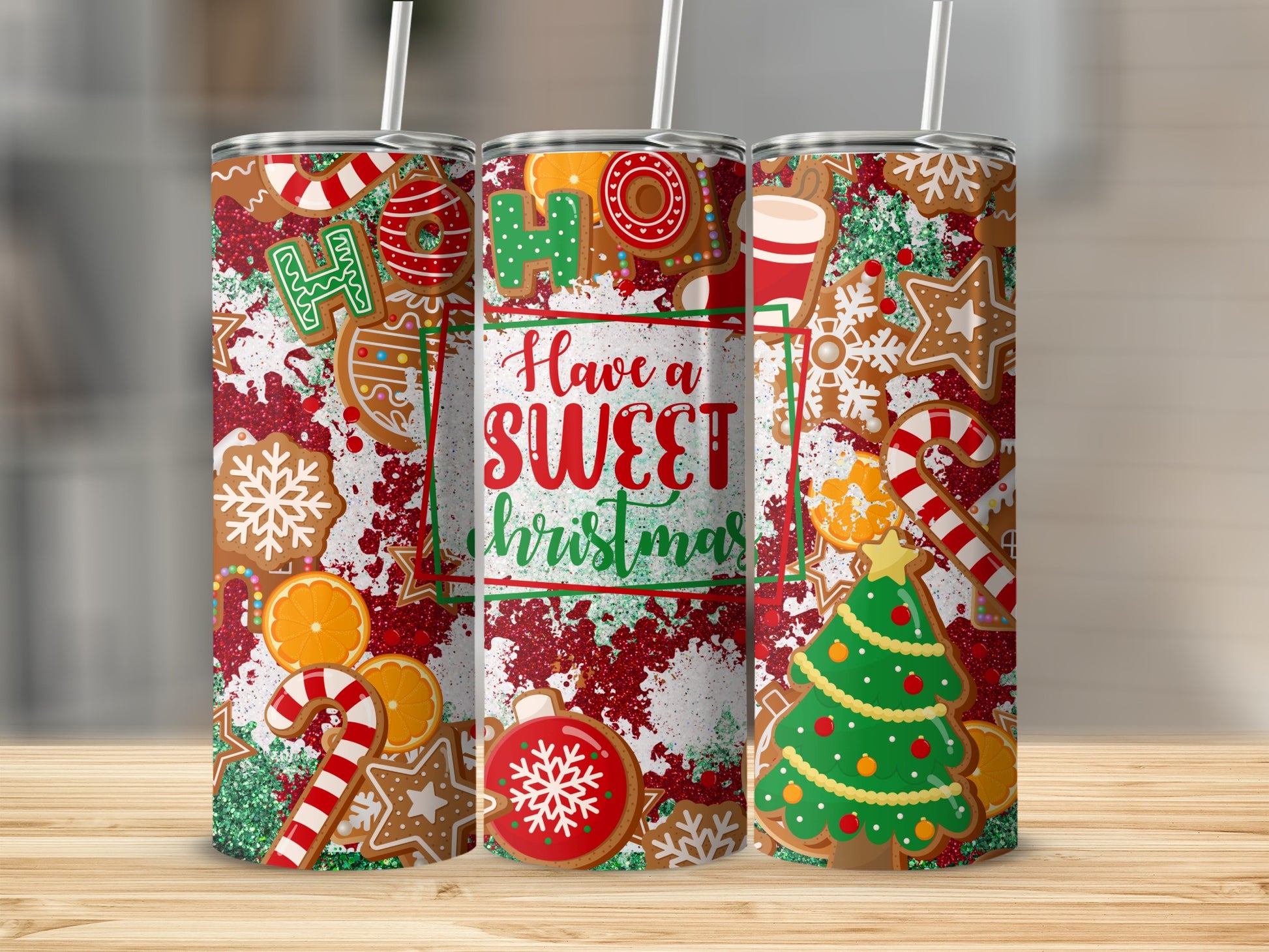 Christmas tumbler with "HO HO HO" and "Have a SWEET Christmas" text.