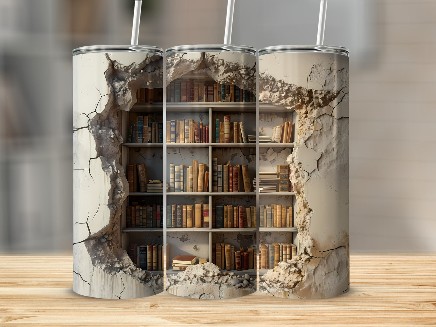 Three tumblers showing a cracked wall revealing a bookshelf filled with books.