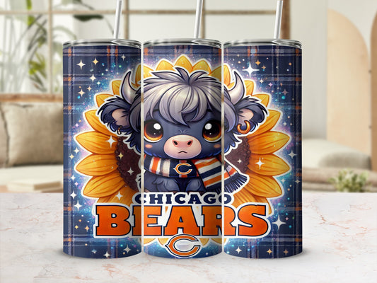 Cute cartoon bull wearing scarf with Chicago Bears logo, set against sunflower.
