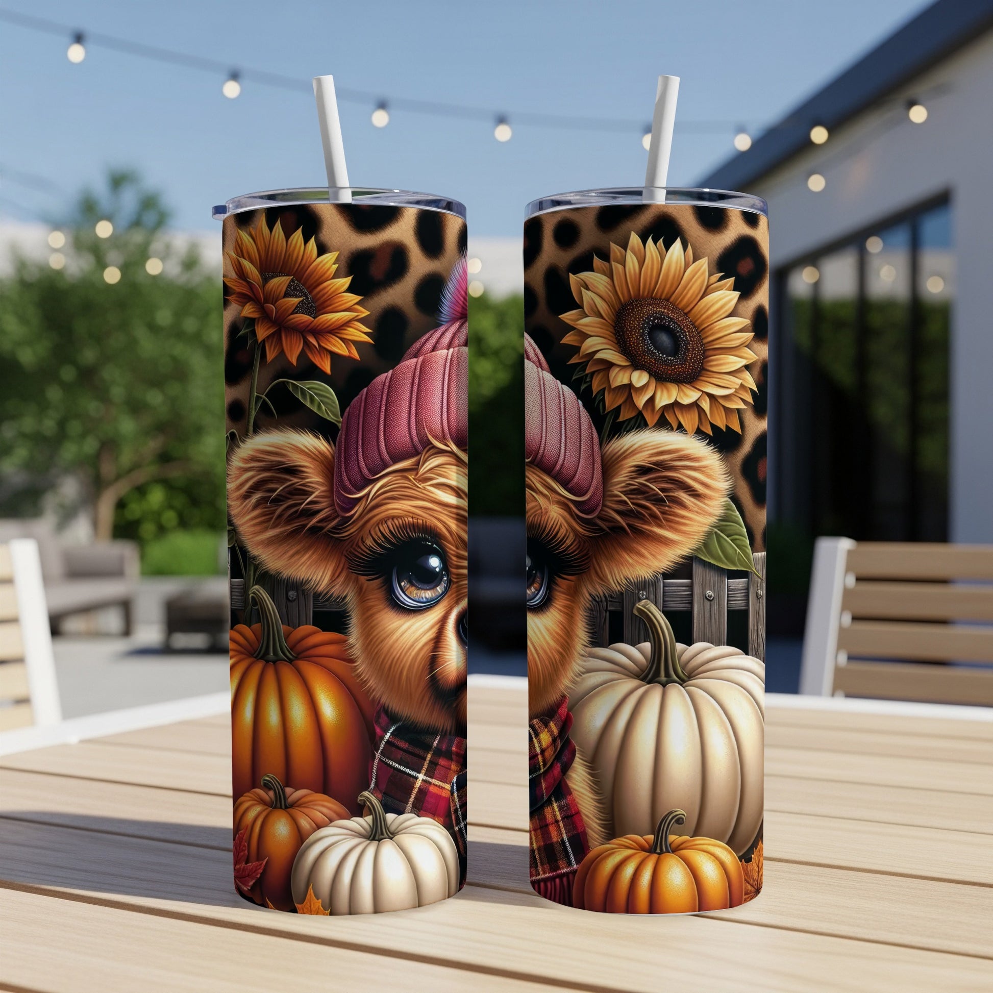 Two tall tumblers with a close-up of a dog's face and pumpkins.
