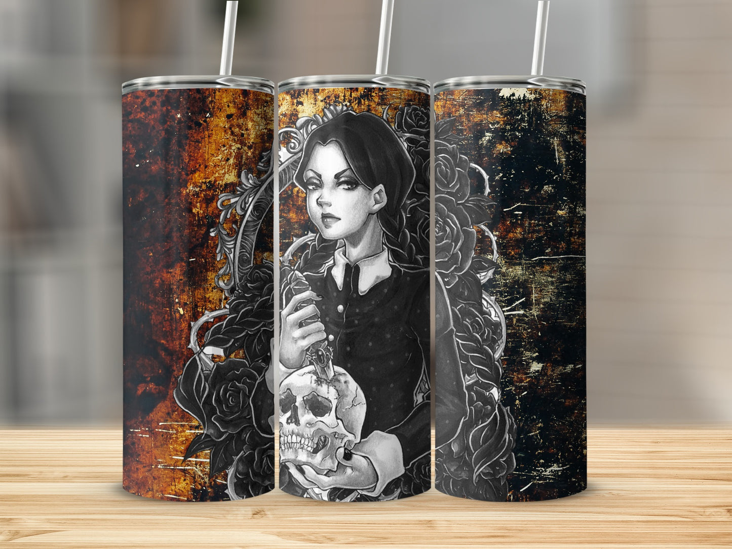 Gothic Art Tumbler with Dark Floral and Skull Design