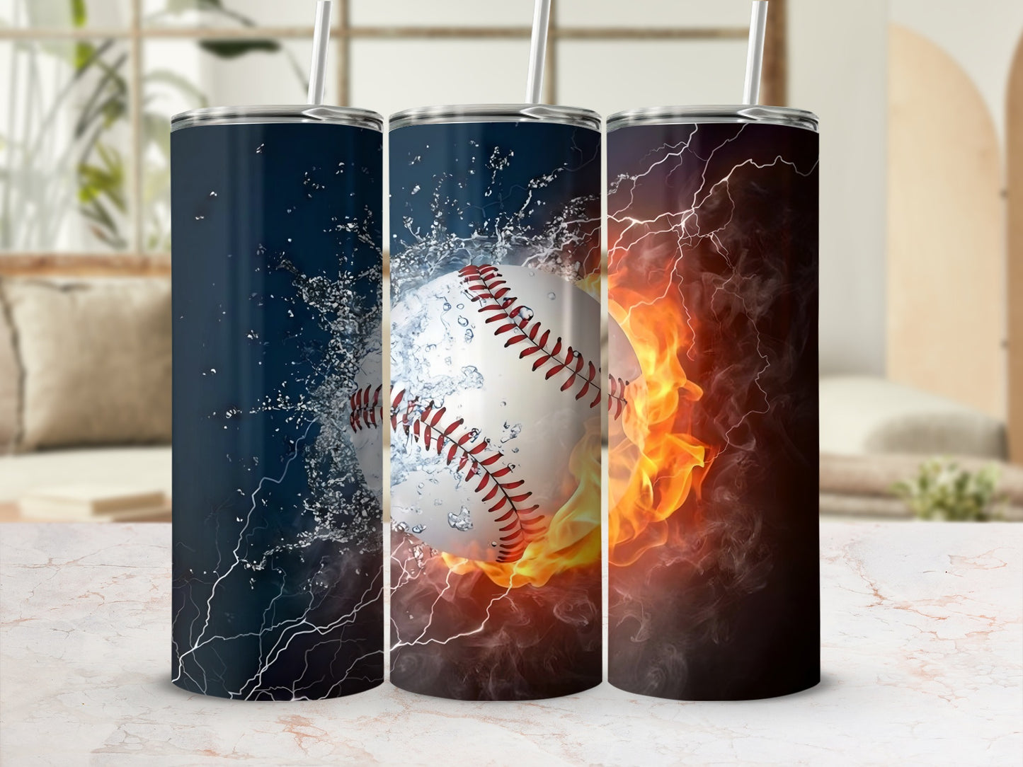 Dynamic Baseball Splash and Fire Design Tumbler