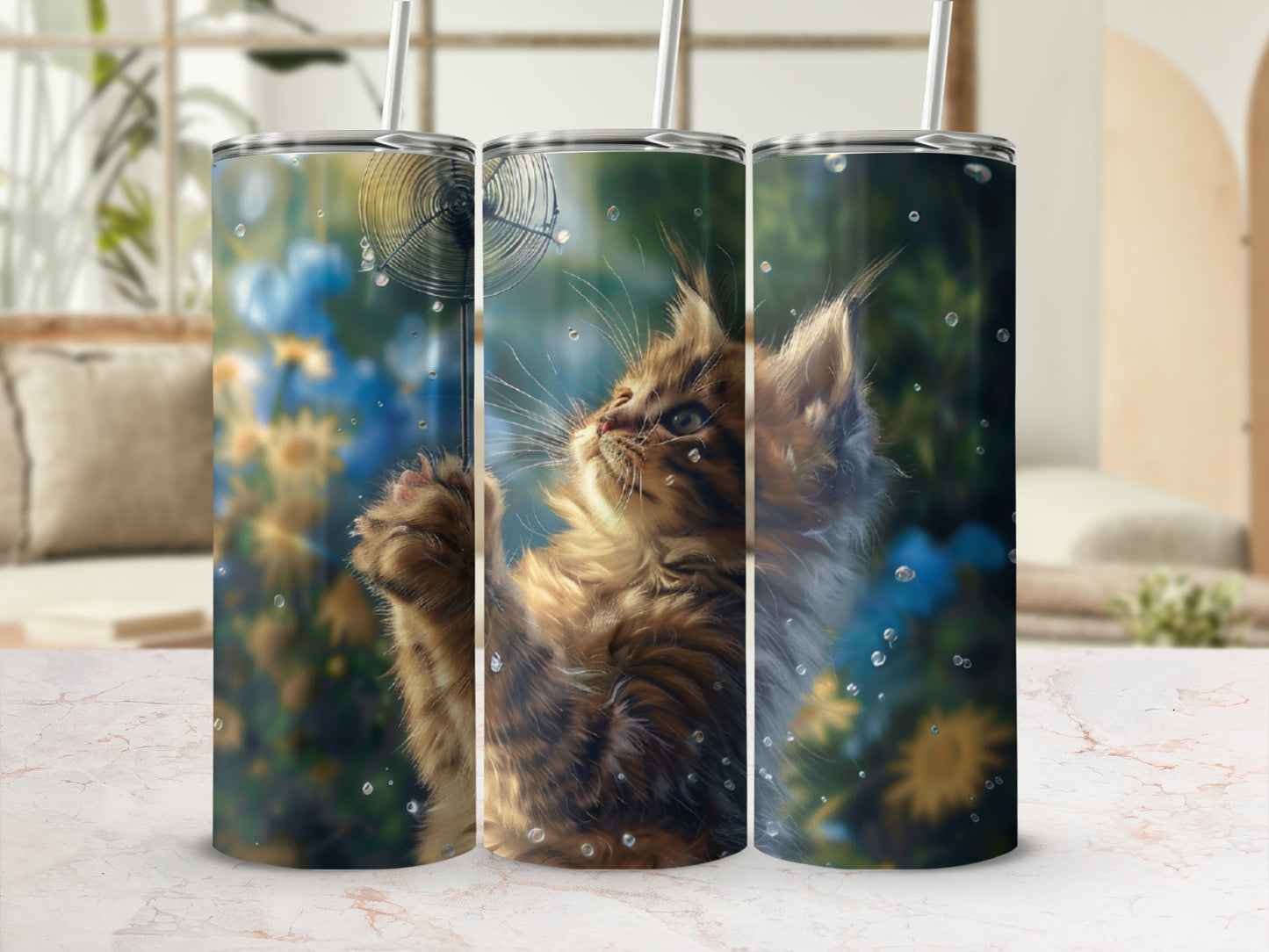 Maine Coon kitten reaching for a fan against a blurred floral background.
