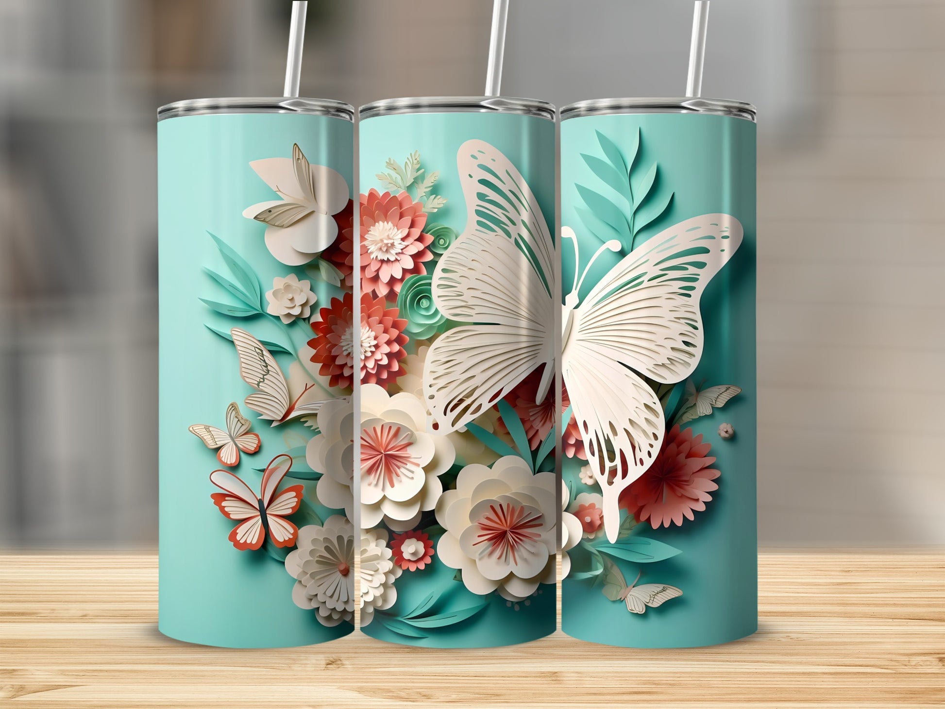 Floral Butterfly Design Tumbler with Straw Drinkware