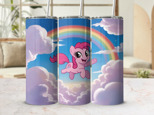 Pinkie Pie from My Little Pony jumping through clouds with a rainbow.