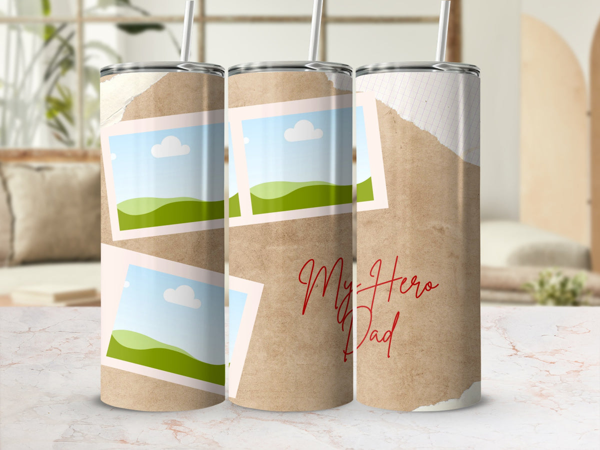 Tumblers with torn paper design and landscape photo frames, one says "My Hero Dad".