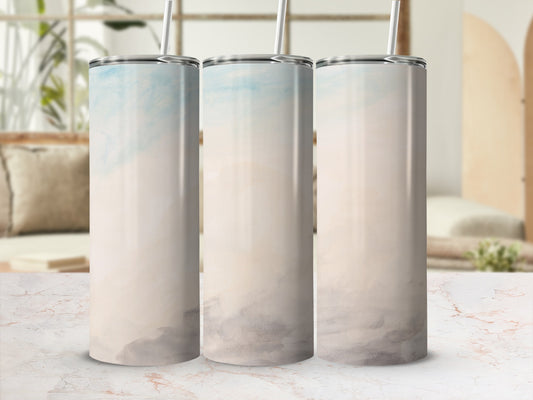 Three tumblers with a watercolor sky and cloud design.
