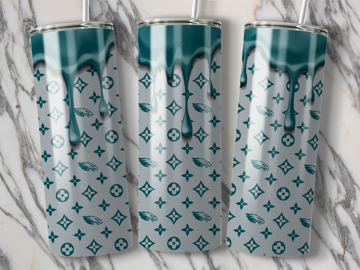 Teal Drip Design With Bird Image On Grey Tumblers