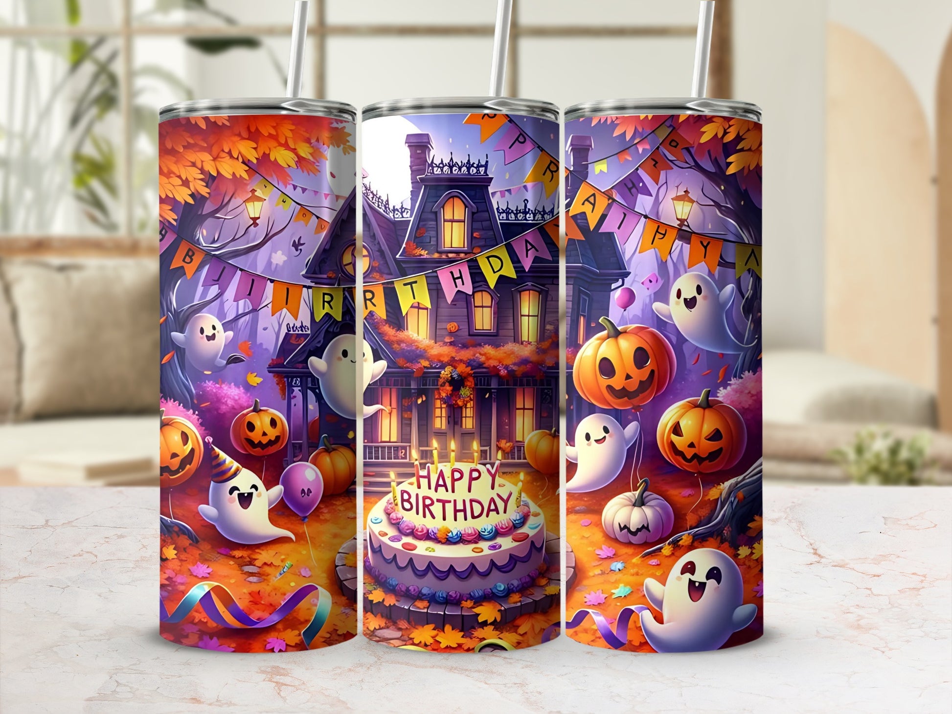 Halloween themed tumbler with ghosts, pumpkins, and a "Happy Birthday" cake.