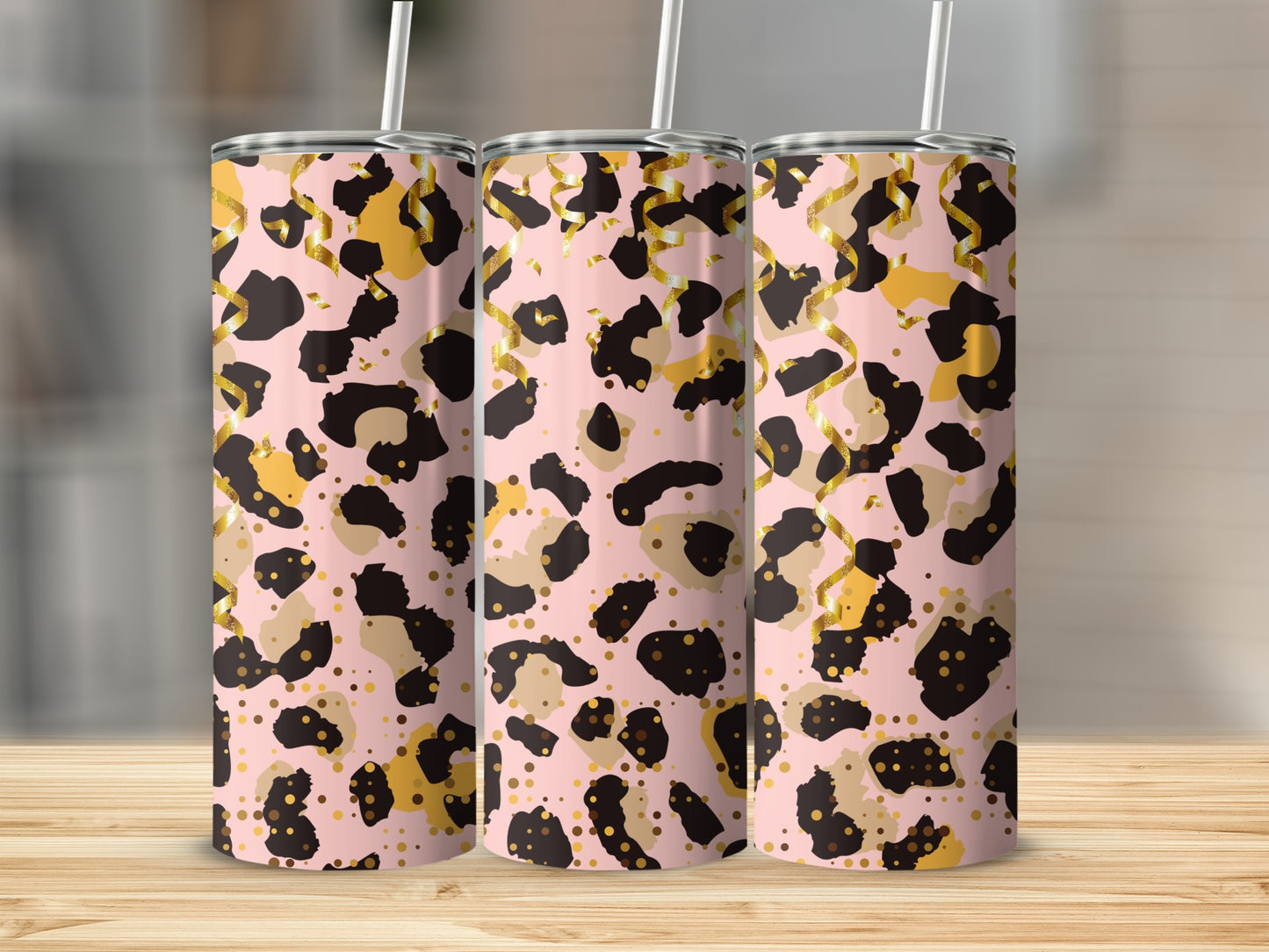 Pink and Gold Leopard Print Tumbler Cups for Beverages