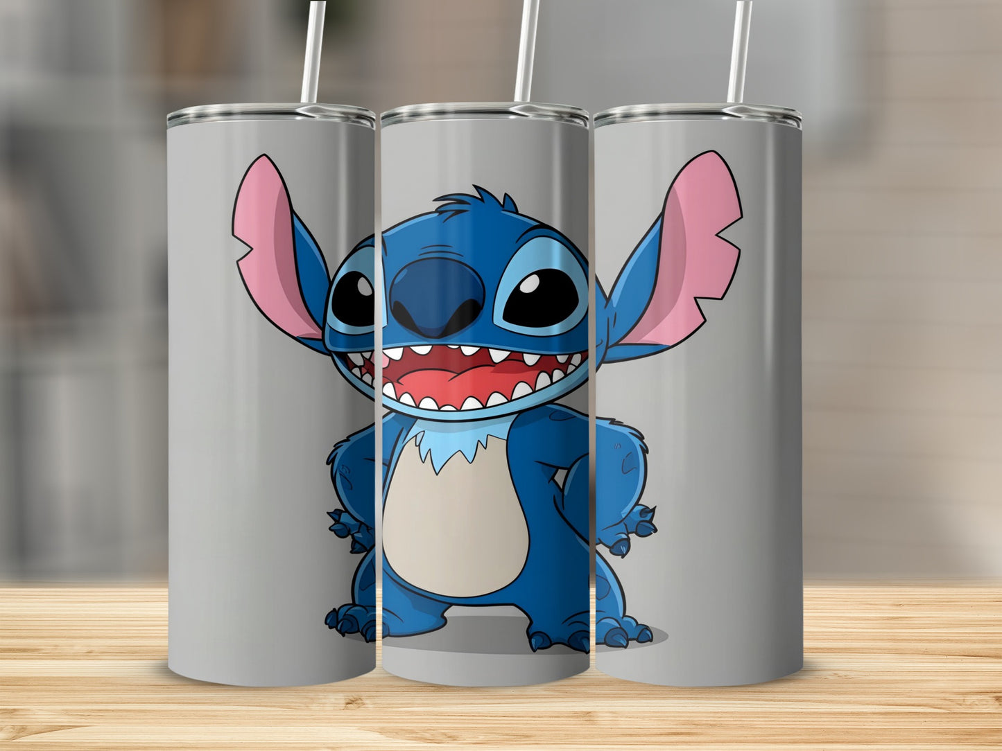Blue Stitch character on a gray tumbler with a straw.