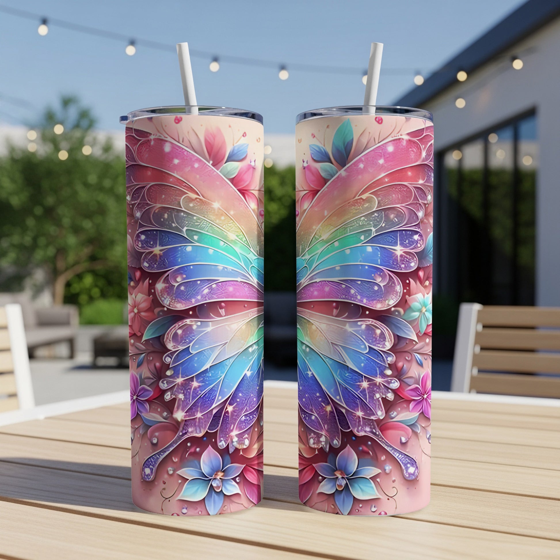 Two tumblers with iridescent butterfly wings and floral designs.