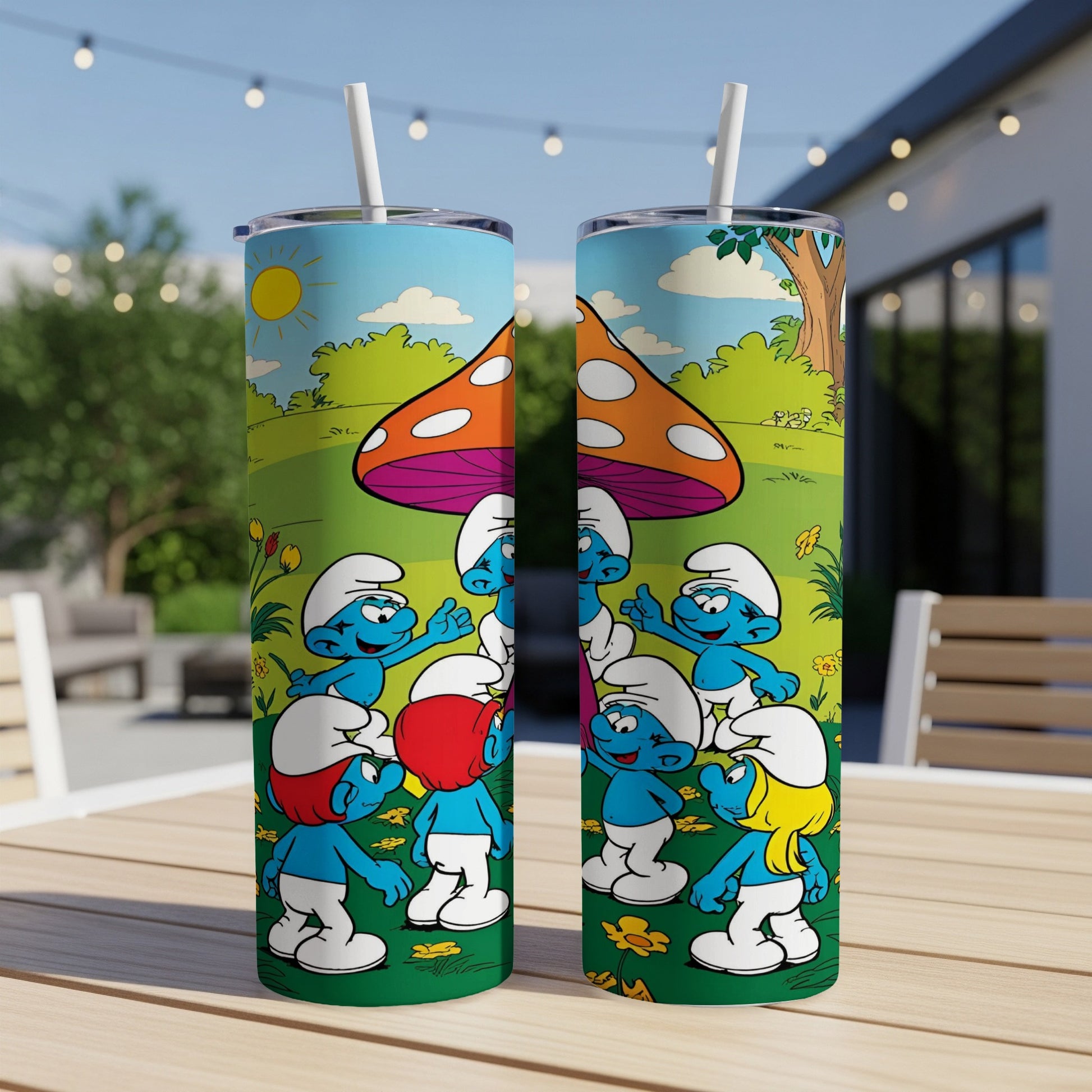 Smurfs characters dancing around a mushroom on a tall tumbler.