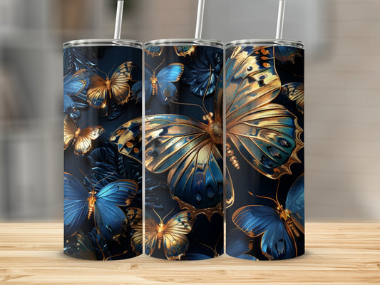 Three dark tumblers with blue and gold butterfly designs.