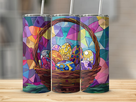 Easter basket filled with colorful, stained-glass-style eggs on a wooden surface.