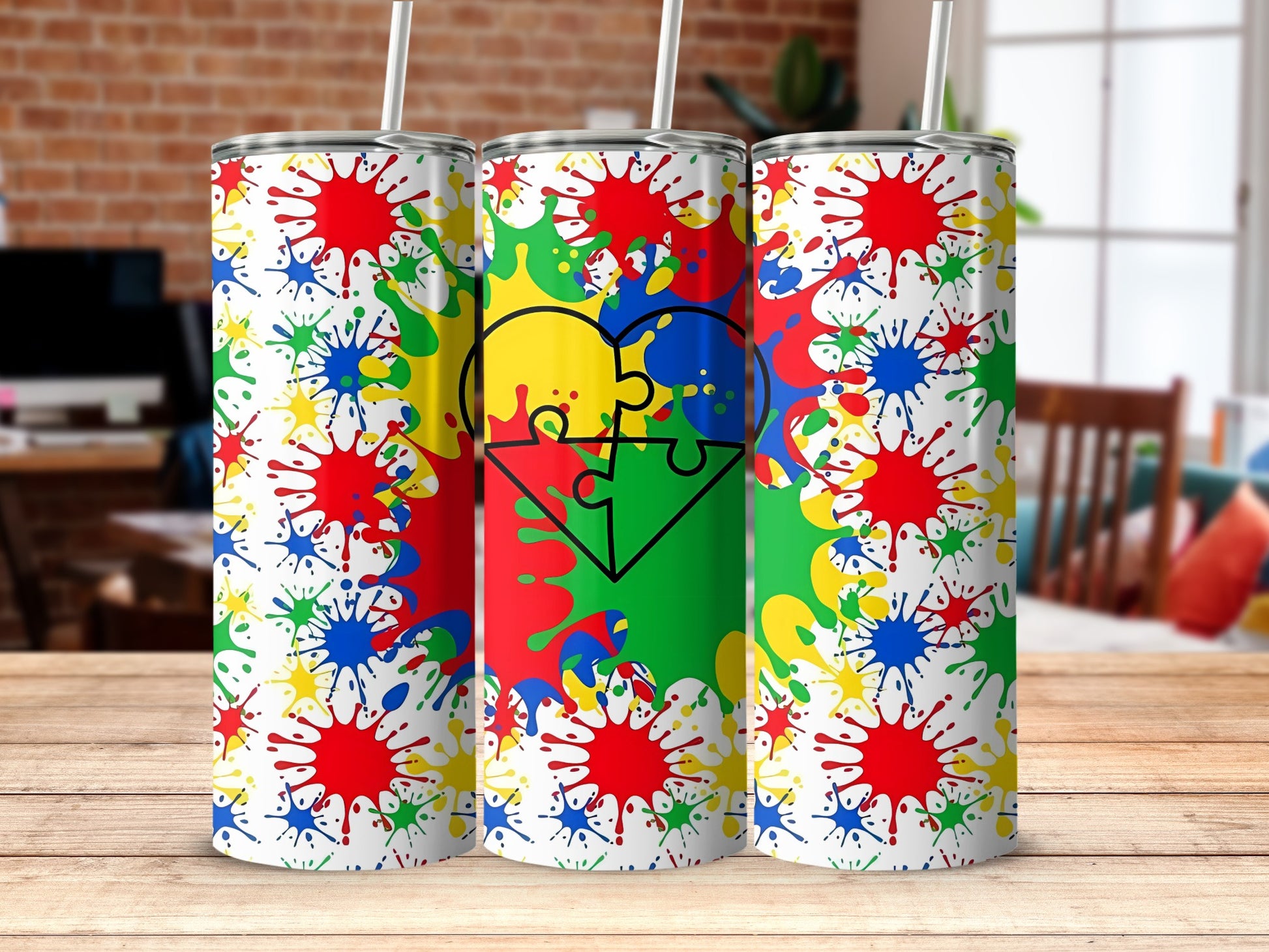 Colorful Splash Design with Heart Puzzle Tumbler