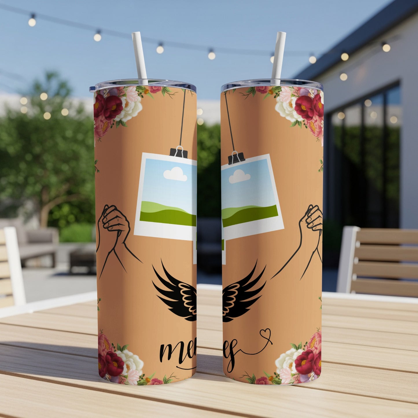 Two tan tumblers with floral accents and "mom" text sit on a table.