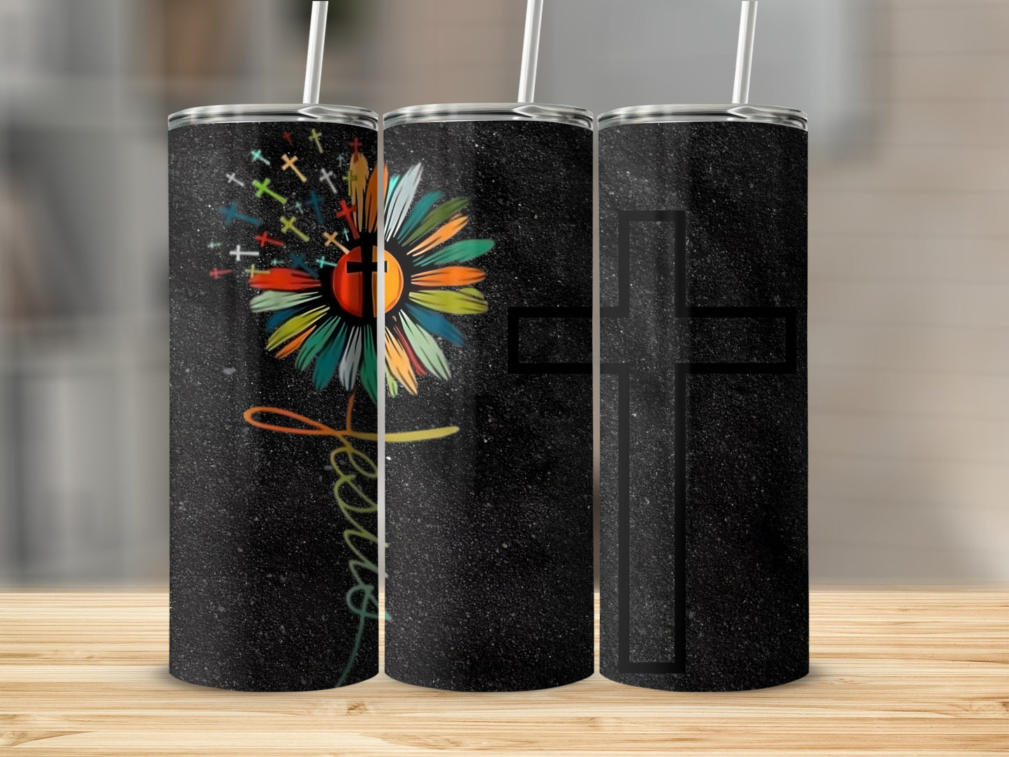 Colorful Cross and Flower Design Tumbler