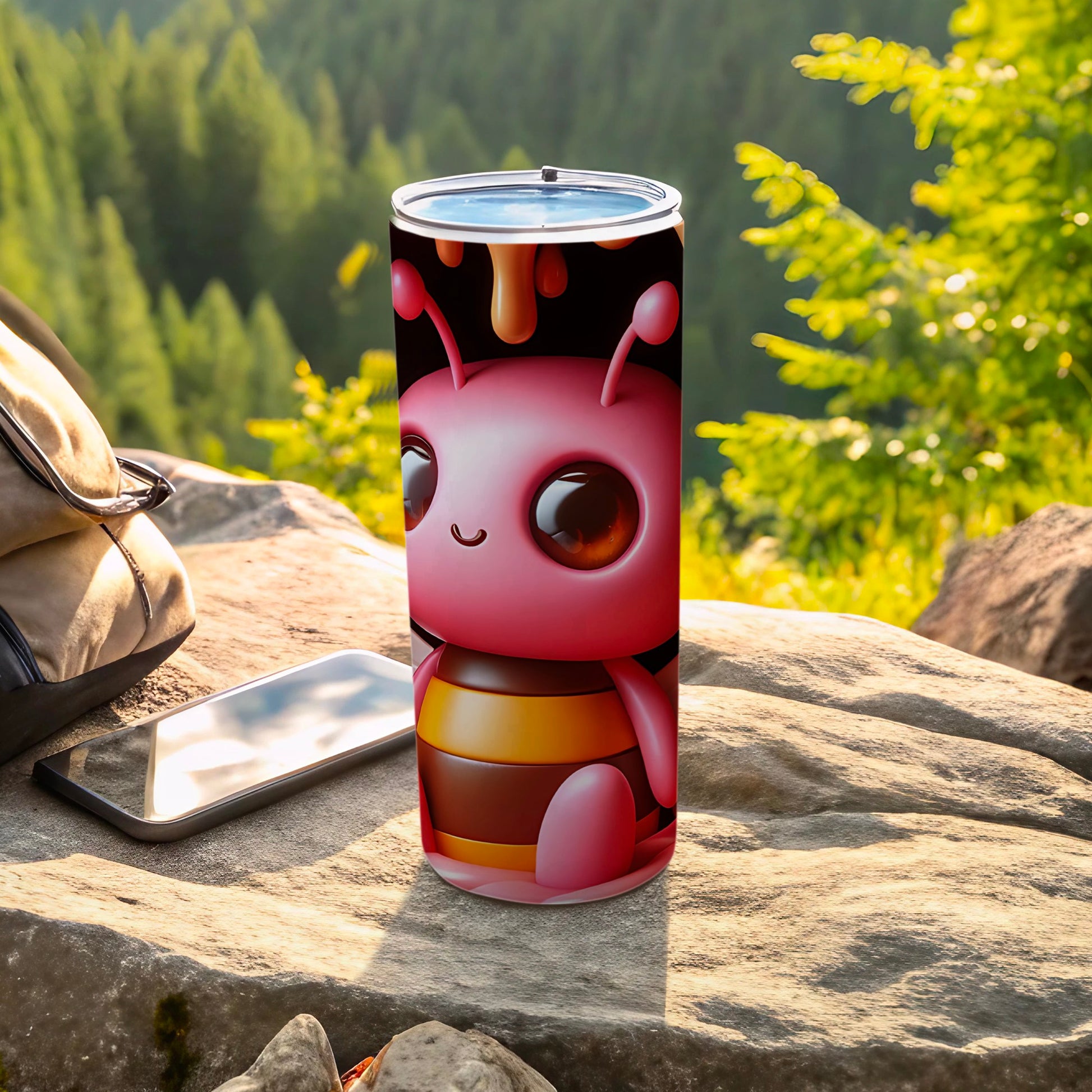 Cute Pink Cartoon Bug Tumbler with Vibrant Outdoor Theme
