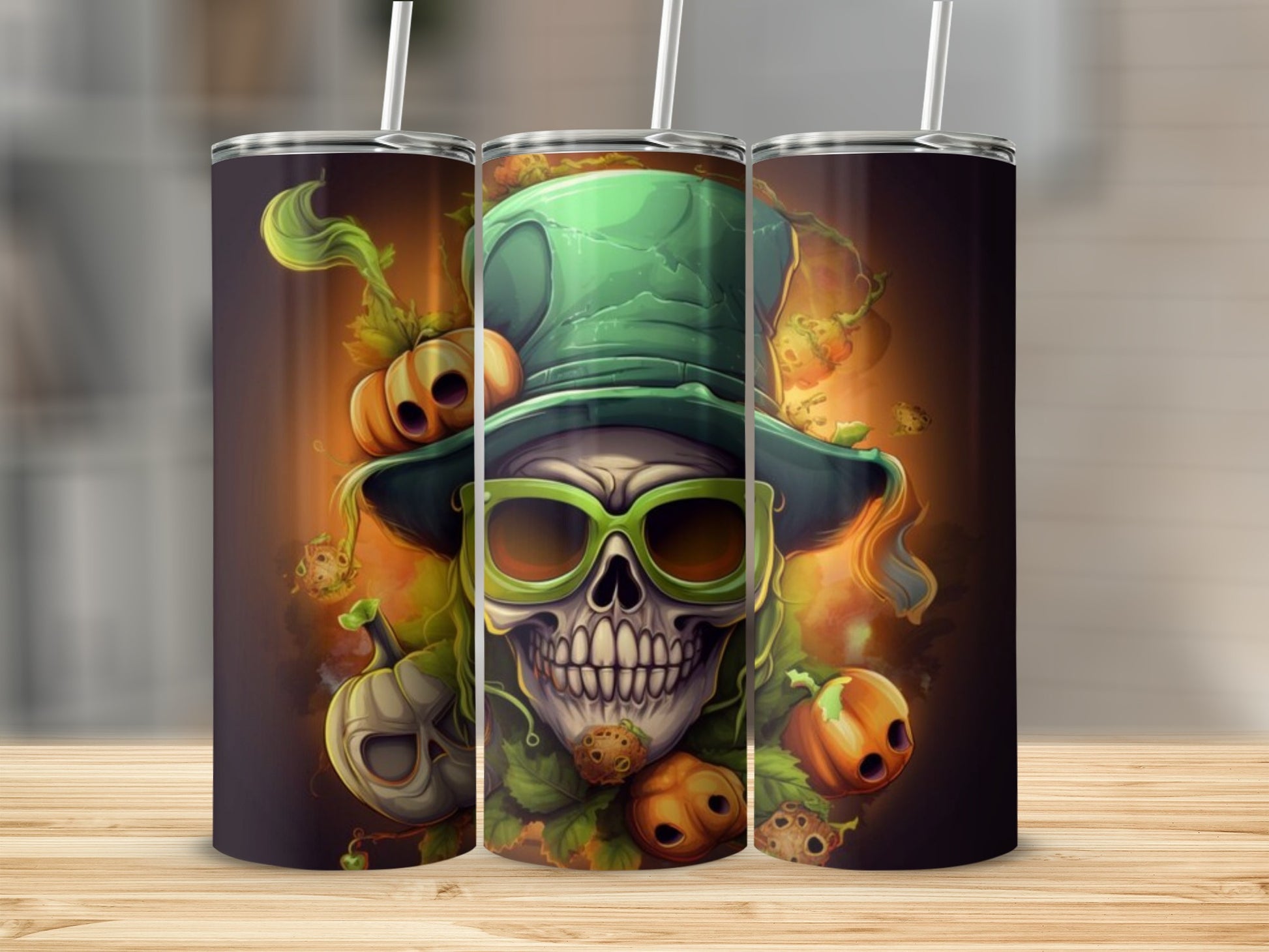 Skeleton with green hat and sunglasses surrounded by pumpkins and leaves.