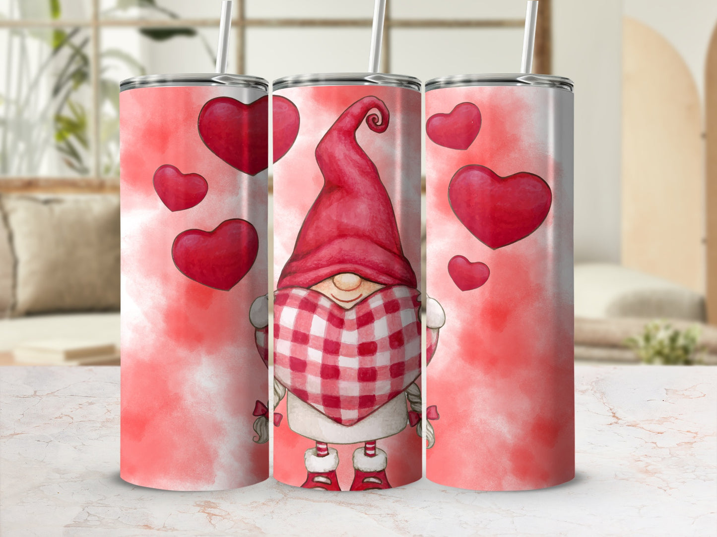 Cute Valentine Gnome Design With Red Hearts Flask