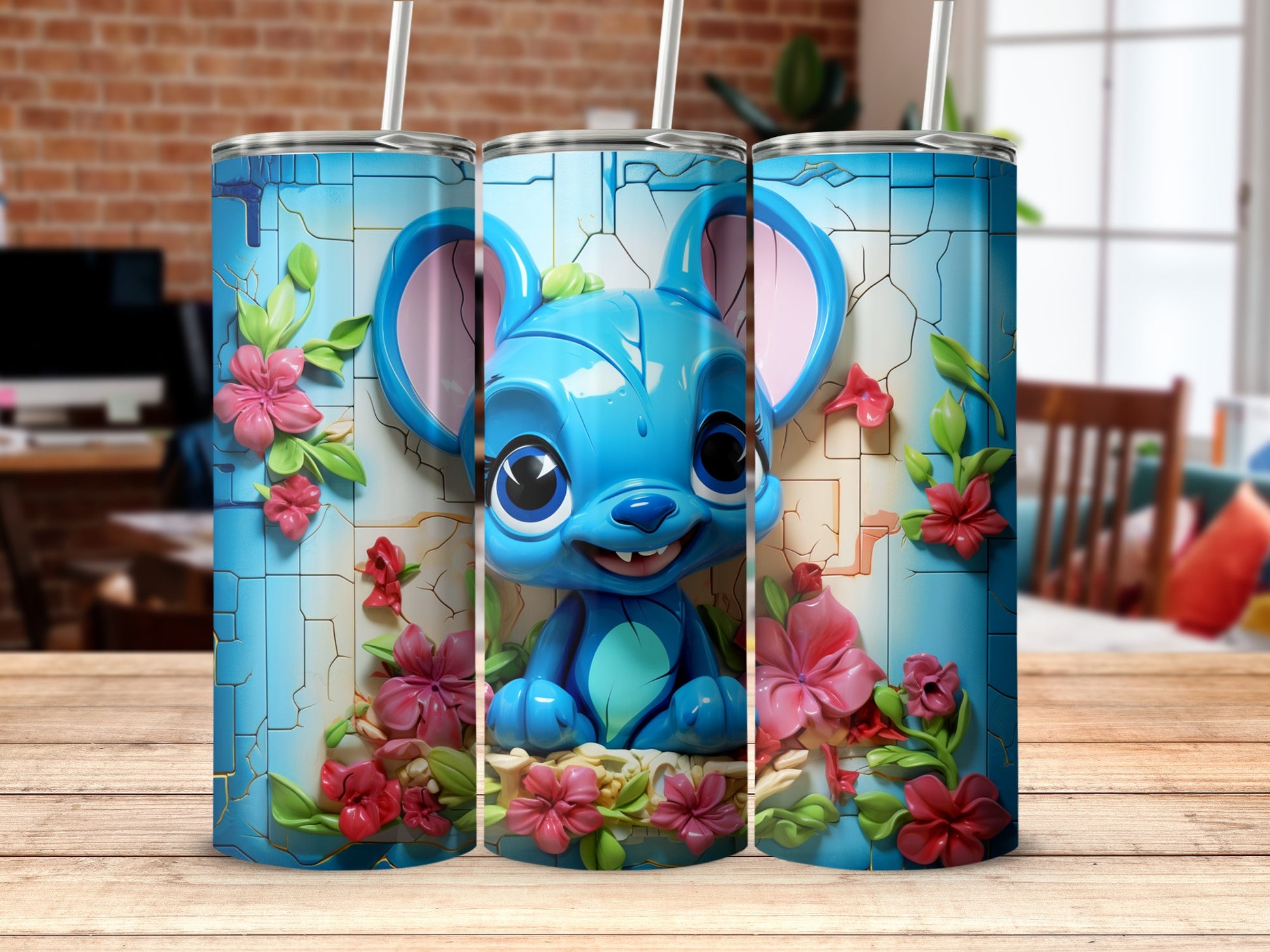 Cute Blue Mouse with Floral Design Tumbler