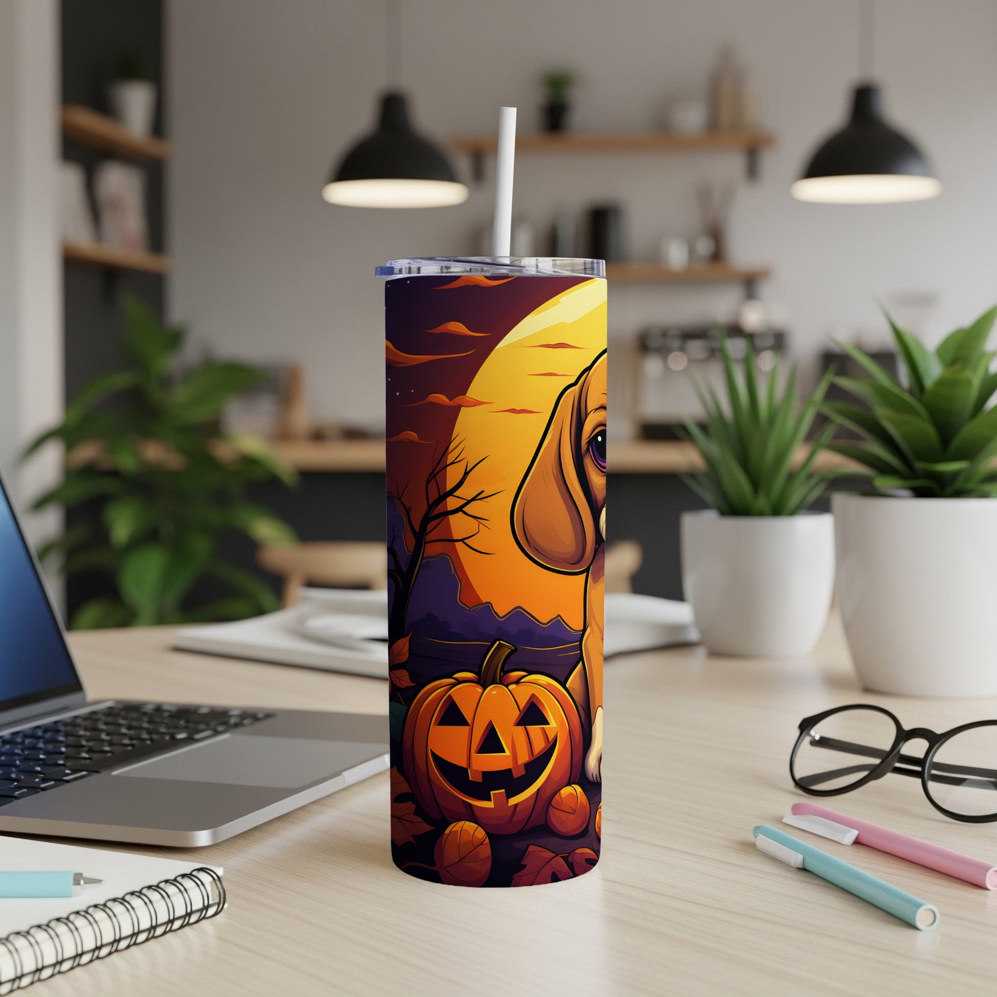 Tumbler with dog, pumpkin, and Halloween moon design