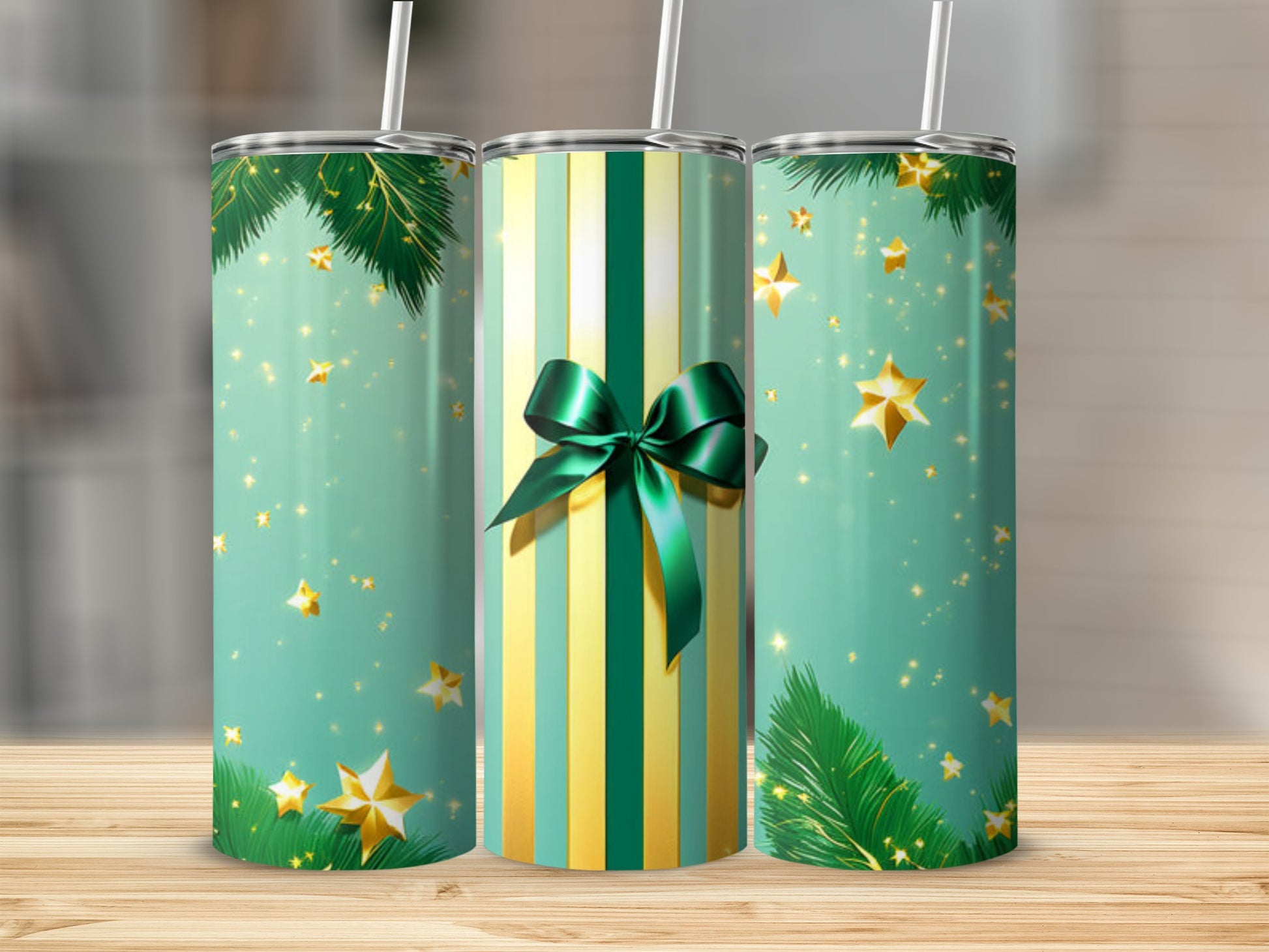 Green and gold striped tumbler with festive stars and pine needles.