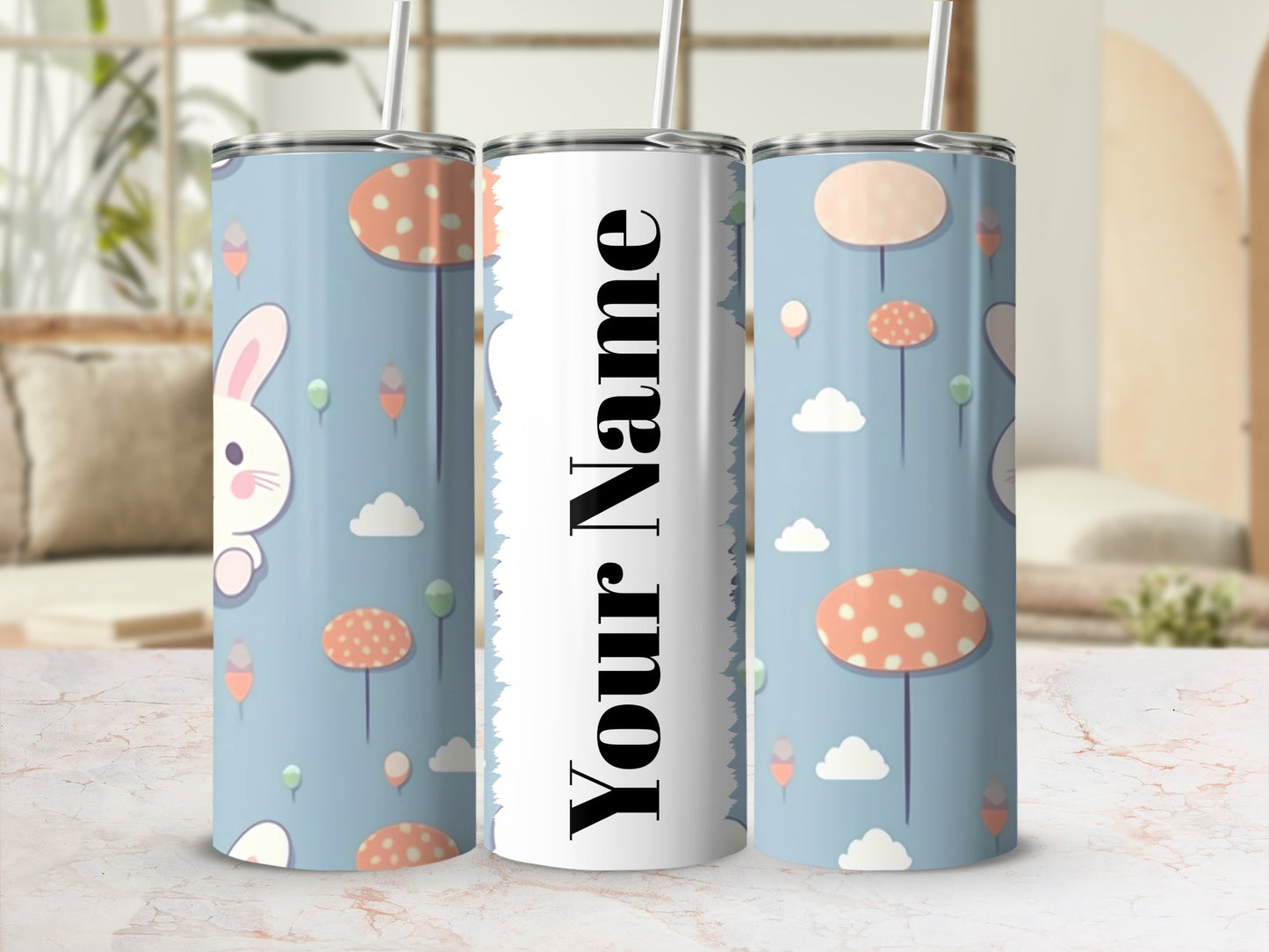 Customizable Cute Bunny and Mushroom Design Tumbler