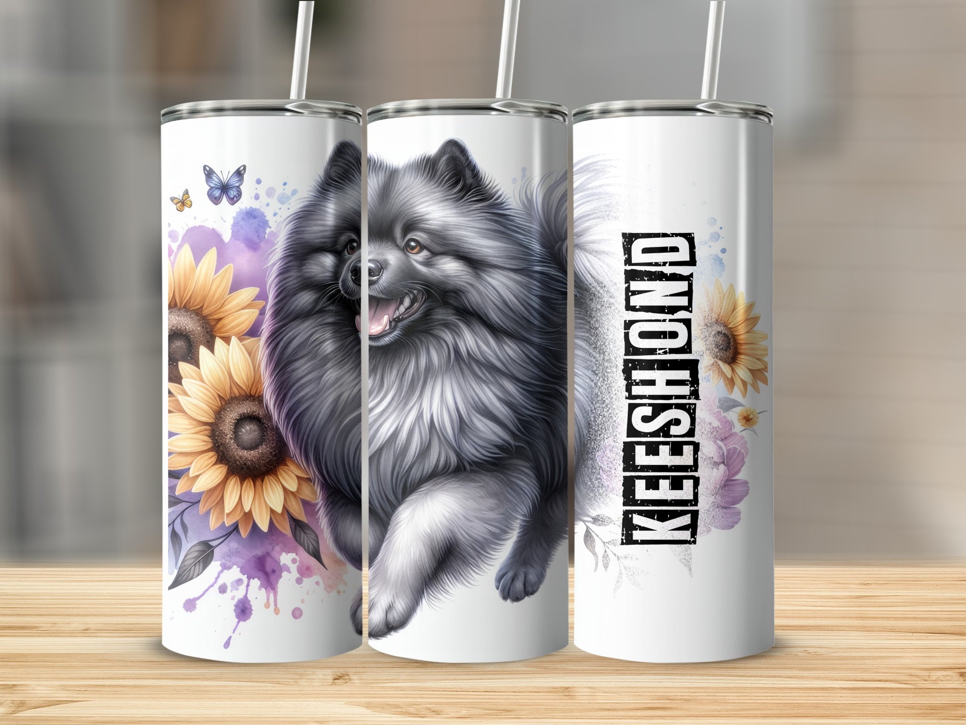 Keeshond dog with sunflowers on a white tumbler.