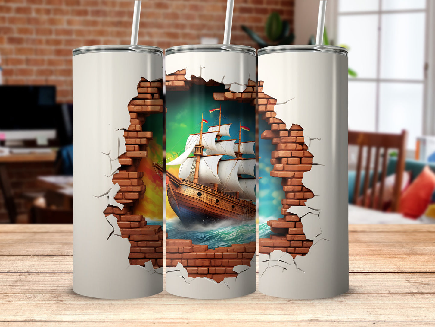 Stunning Vintage Sailing Ship Tumbler with Brick Wall Design