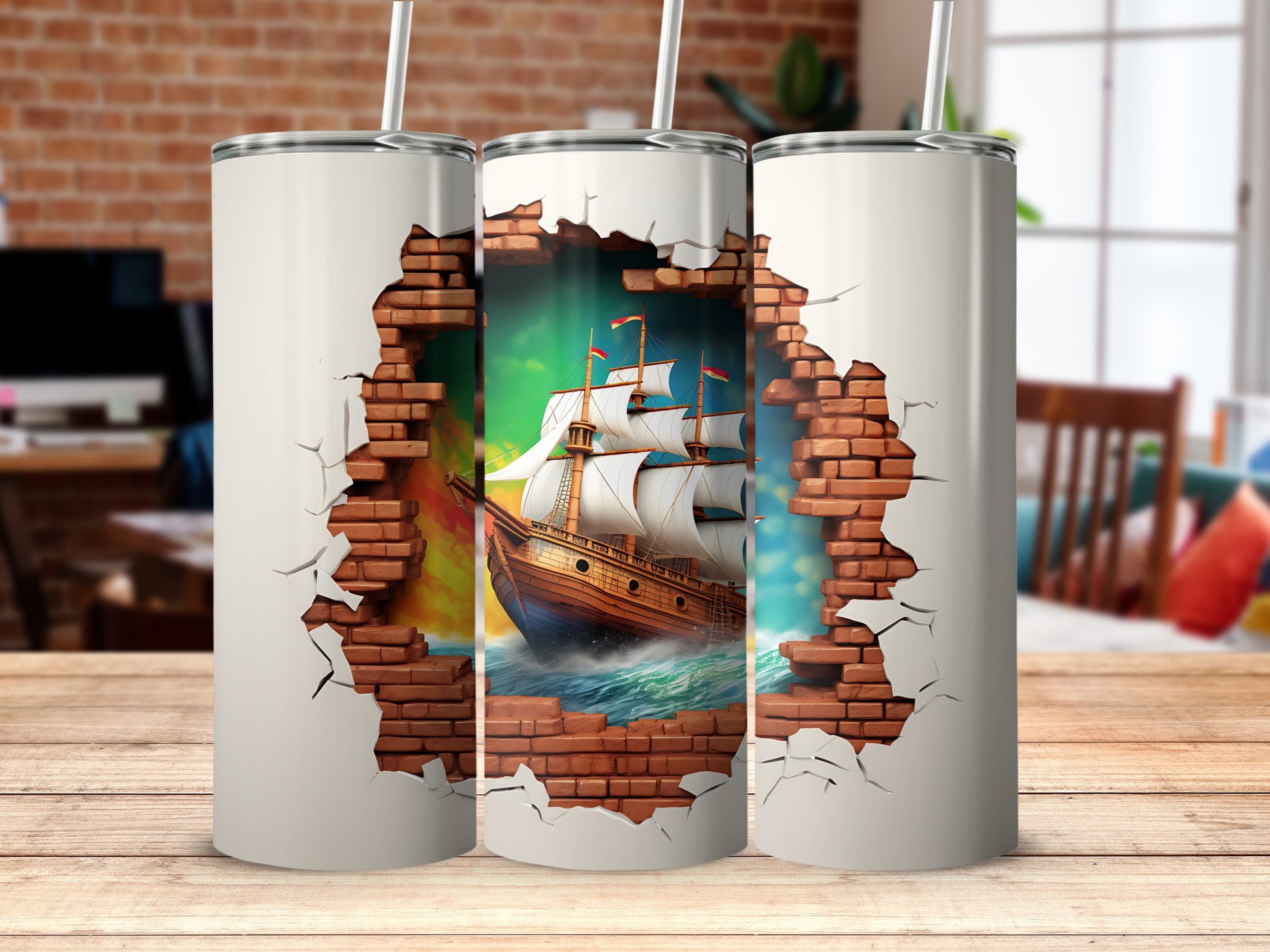 Stunning Vintage Sailing Ship Tumbler with Brick Wall Design