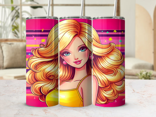 Pink tumbler with Barbie graphic and striped background.