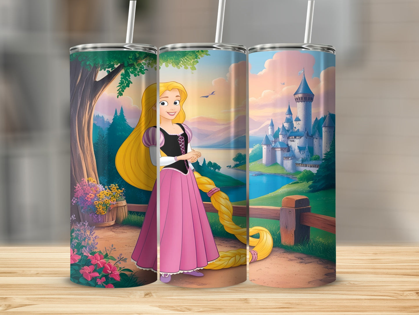 Tangled Rapunzel character illustration on a skinny tumbler with a castle backdrop.