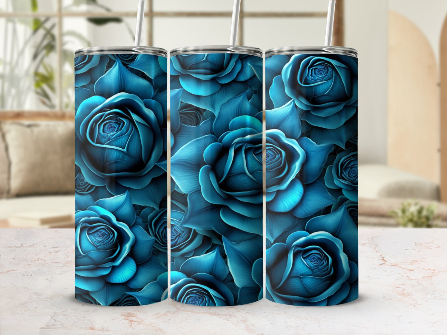 Stunning Blue Rose Pattern Design Insulated Tumbler