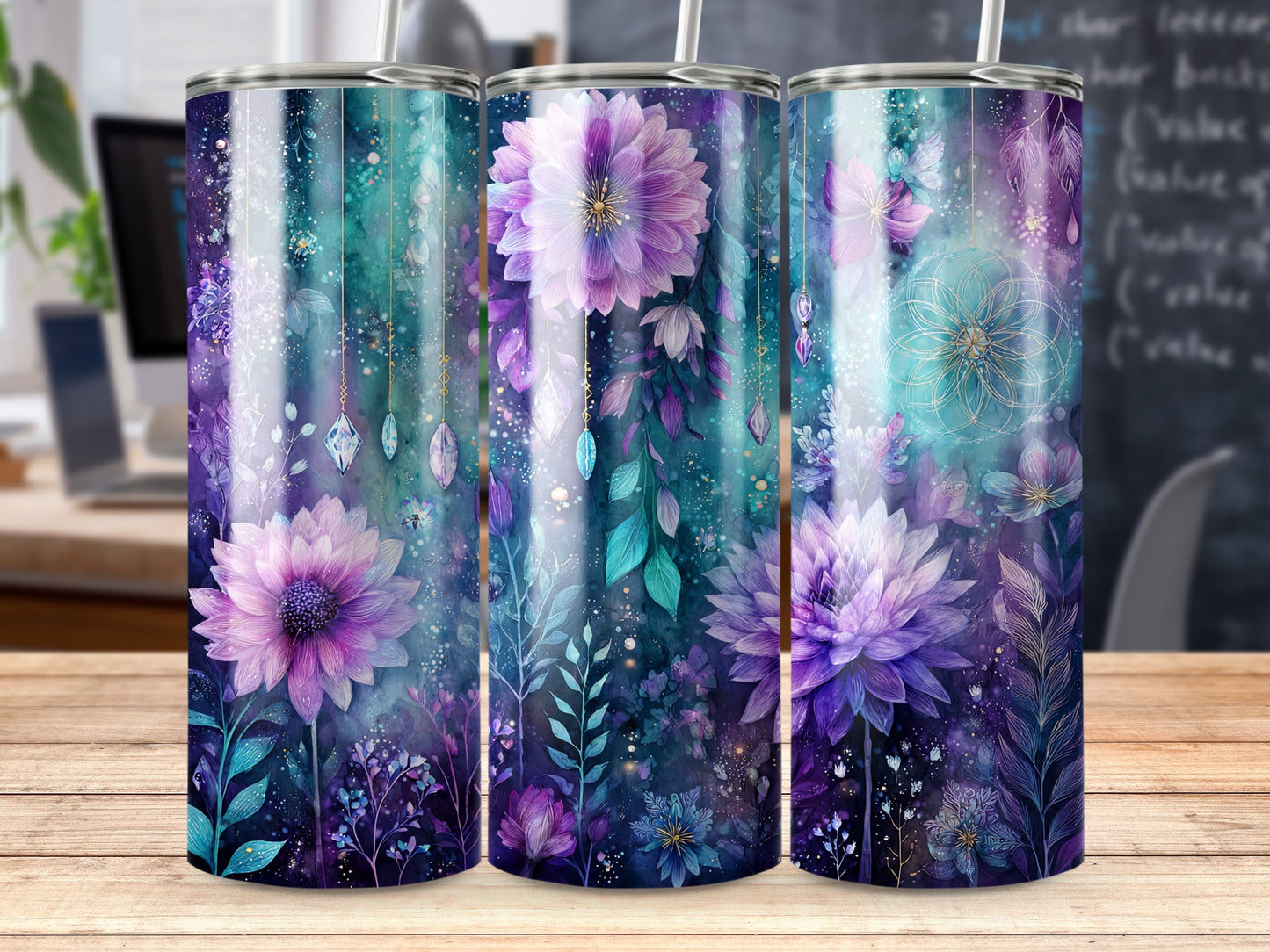 Enchanting Purple and Blue Floral Design Tumbler