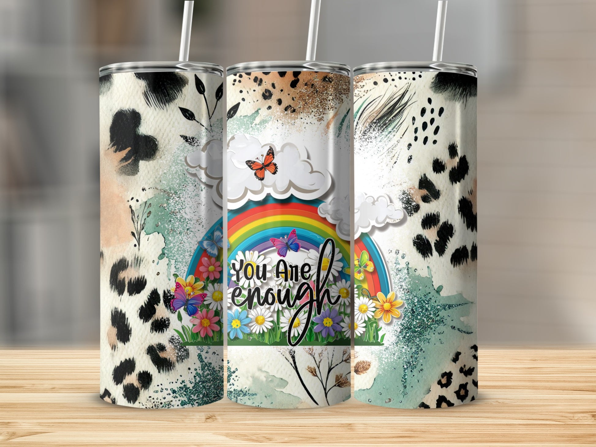 You Are Enough Rainbow Butterflies Leopard Tumbler